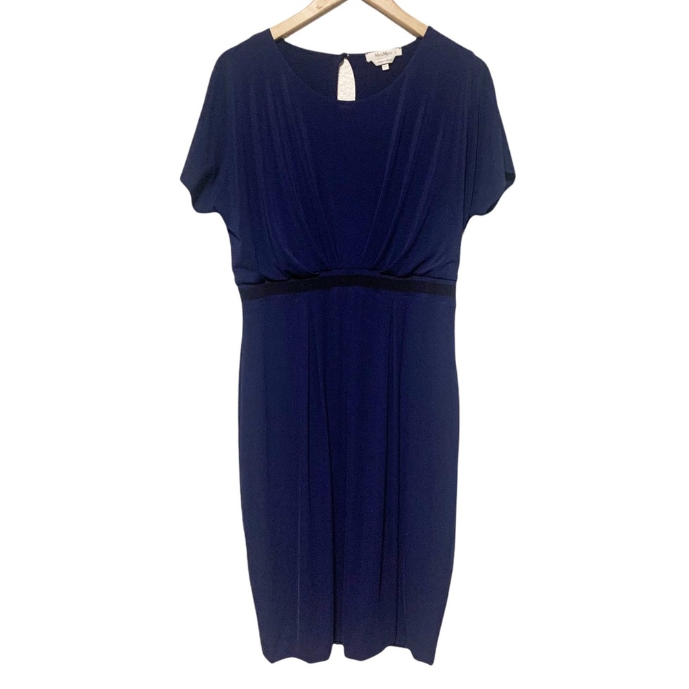 🤩 Max Mara Draped Short Sleeve Blue Midi Sheath Dress 14
